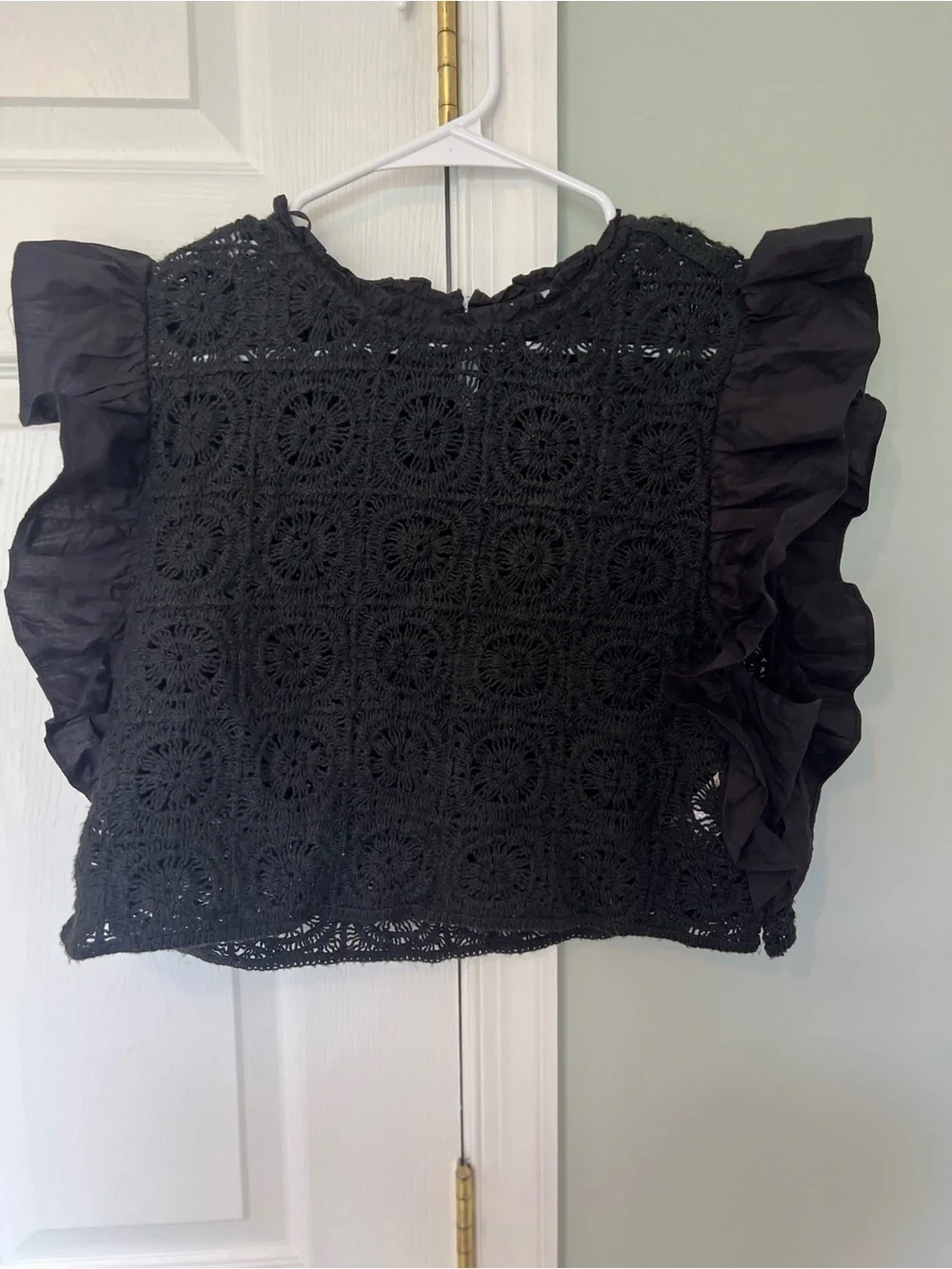 Zara Black Crochet Ruffle Sleeve Top